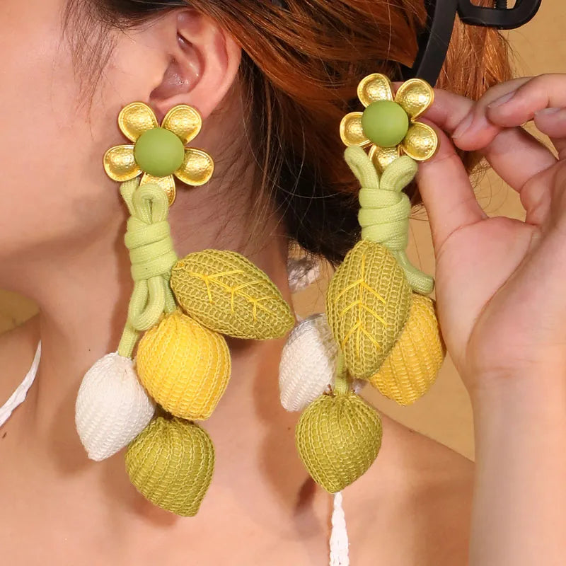 Handmade Leaves Flower Alloy Cotton Earrings